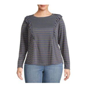 Terra & Sky 3X Long-Sleeve Blue Top With Gold Stripes Ruffle Accents